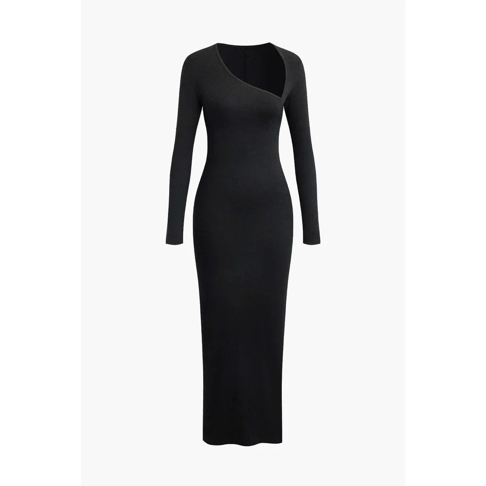 Micas‎ Asymmetrical Neck Slit Maxi Dress Black size L